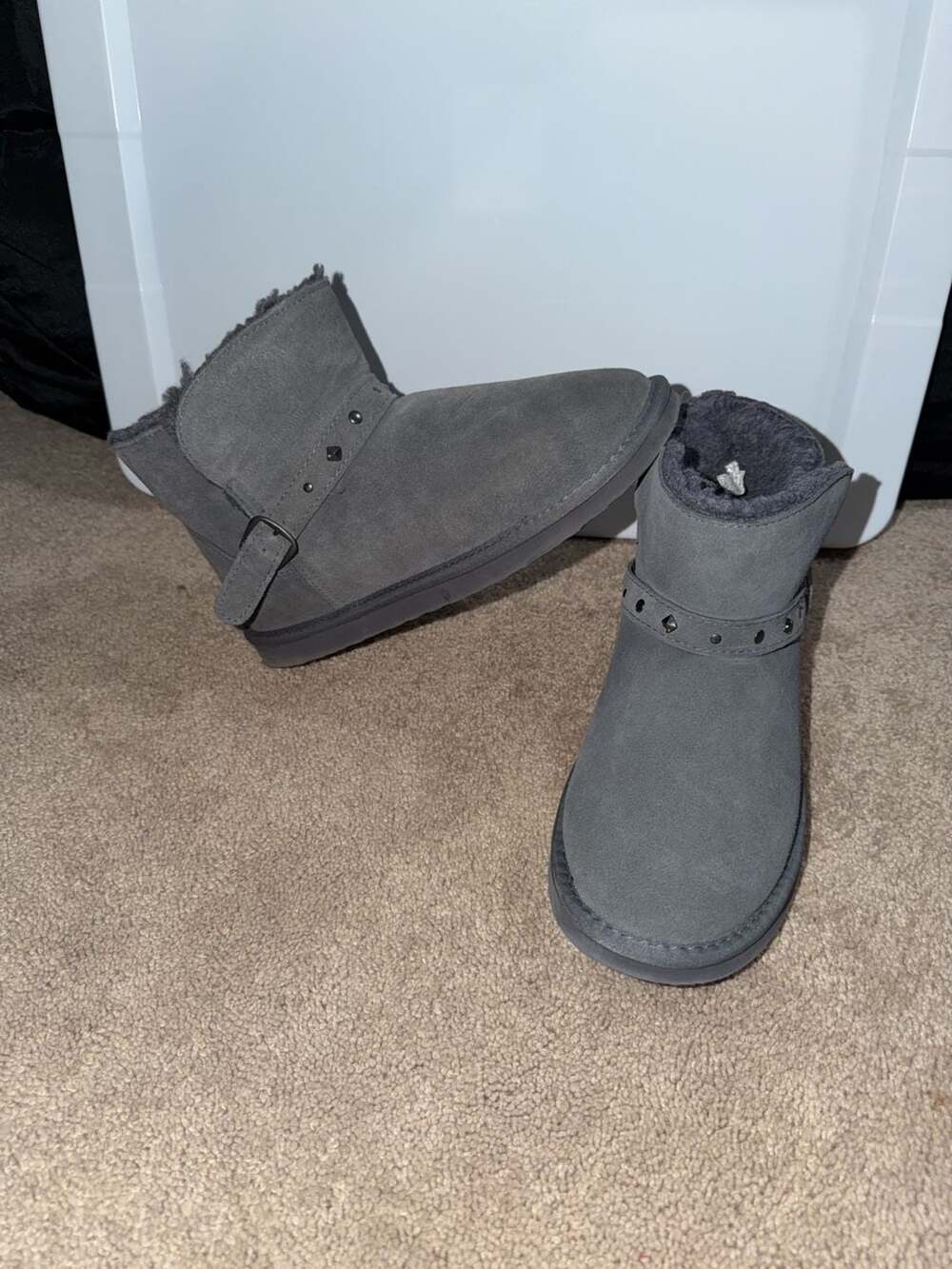 Bearpaw Gray Suede Studded Buckle Ankle Boots Size 11